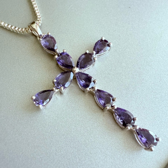 Faux Sapphire Blue CZ 925 Sterling Silver 2" Large Cross Pendant Necklace - Picture 2 of 8